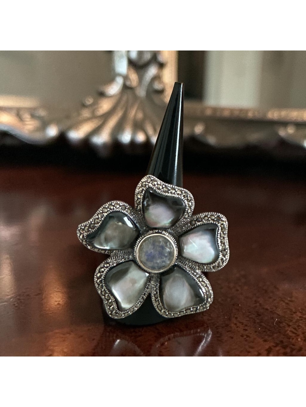 Vintage Vintage Large Flower Ring w/Abalone, Moonstone Center and Marcasite